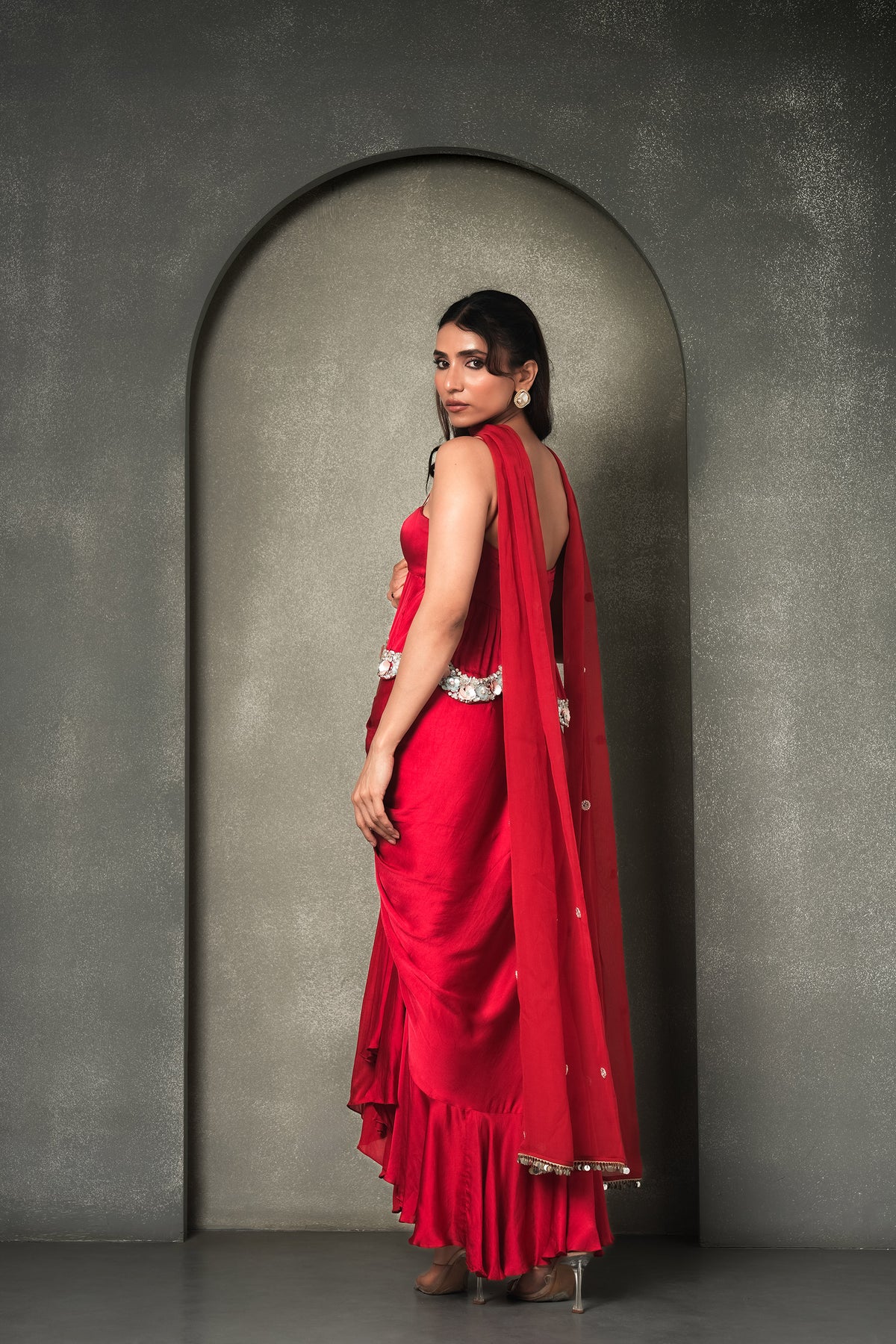 Grecian Goddess Red Draped Stones, sequins Work Georgette Satin Skirt & Peplum Blouse