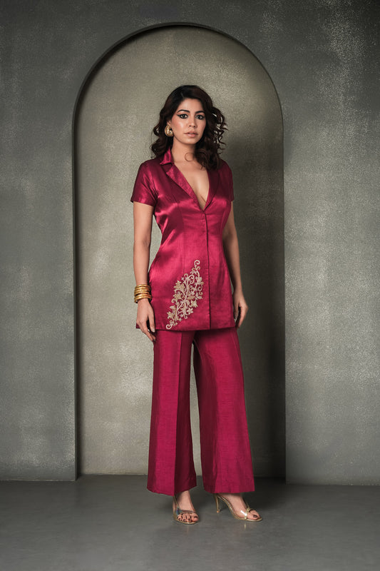Brass & Bordeaux Deep Wine Dabka & Cutdana work Mashru Satin Pants & Blazer