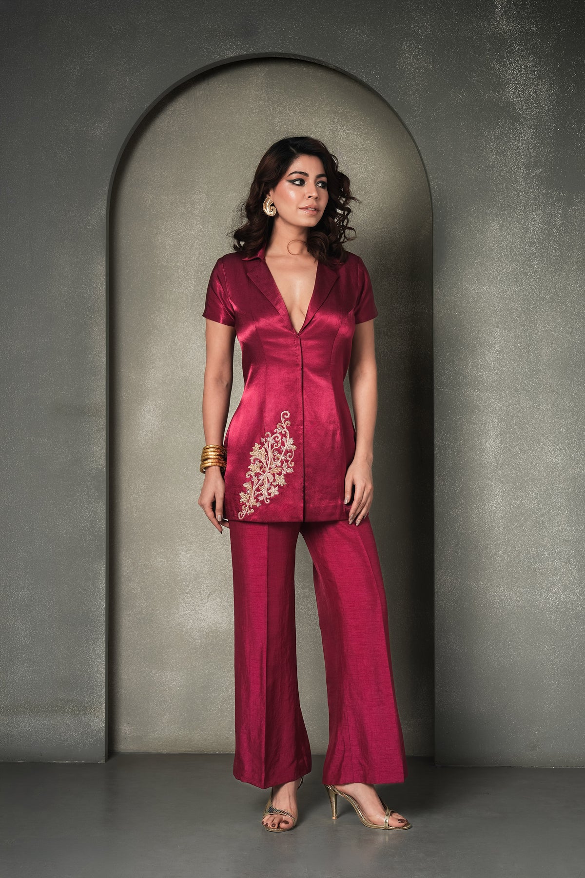 Brass & Bordeaux Deep Wine Dabka & Cutdana work Mashru Satin Pants & Blazer