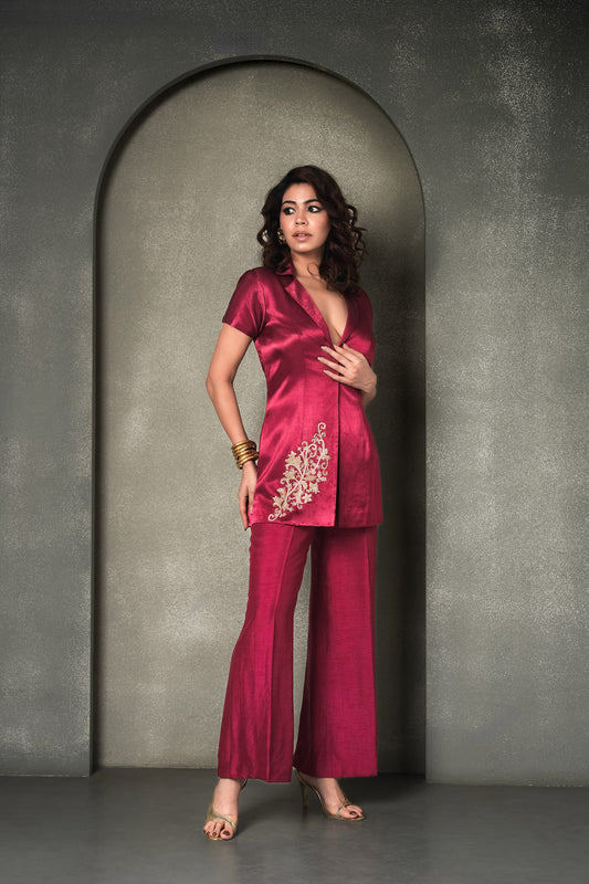 Brass & Bordeaux Deep Wine Dabka & Cutdana work Mashru Satin Pants & Blazer