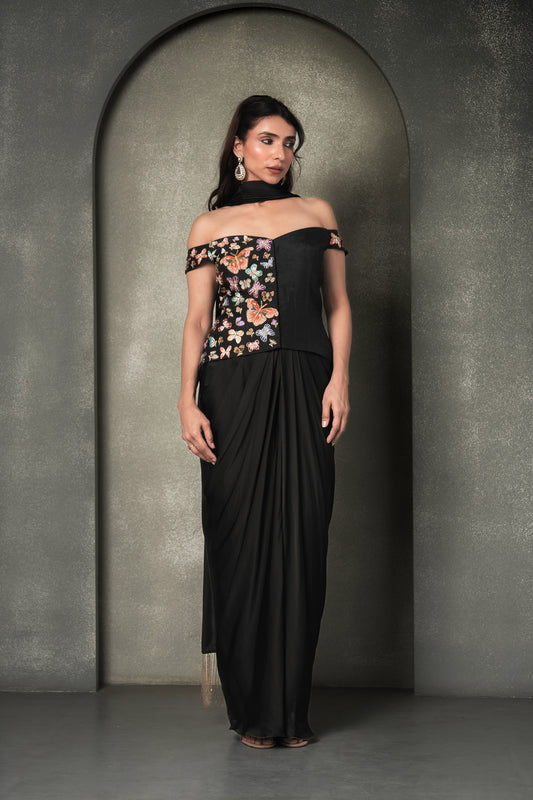 Moth & Myth Black Hand Embroidered Georgette Satin Corset Party Wear Top With Skirt