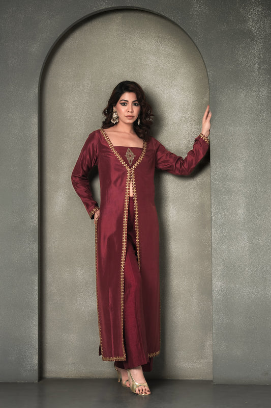 Deep Maroon Dola Silk  metallic embroidery Festive Jacket & Pants
