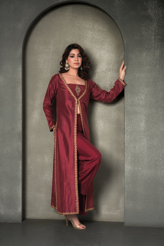Deep Maroon Dola Silk  metallic embroidery Festive Jacket & Pants
