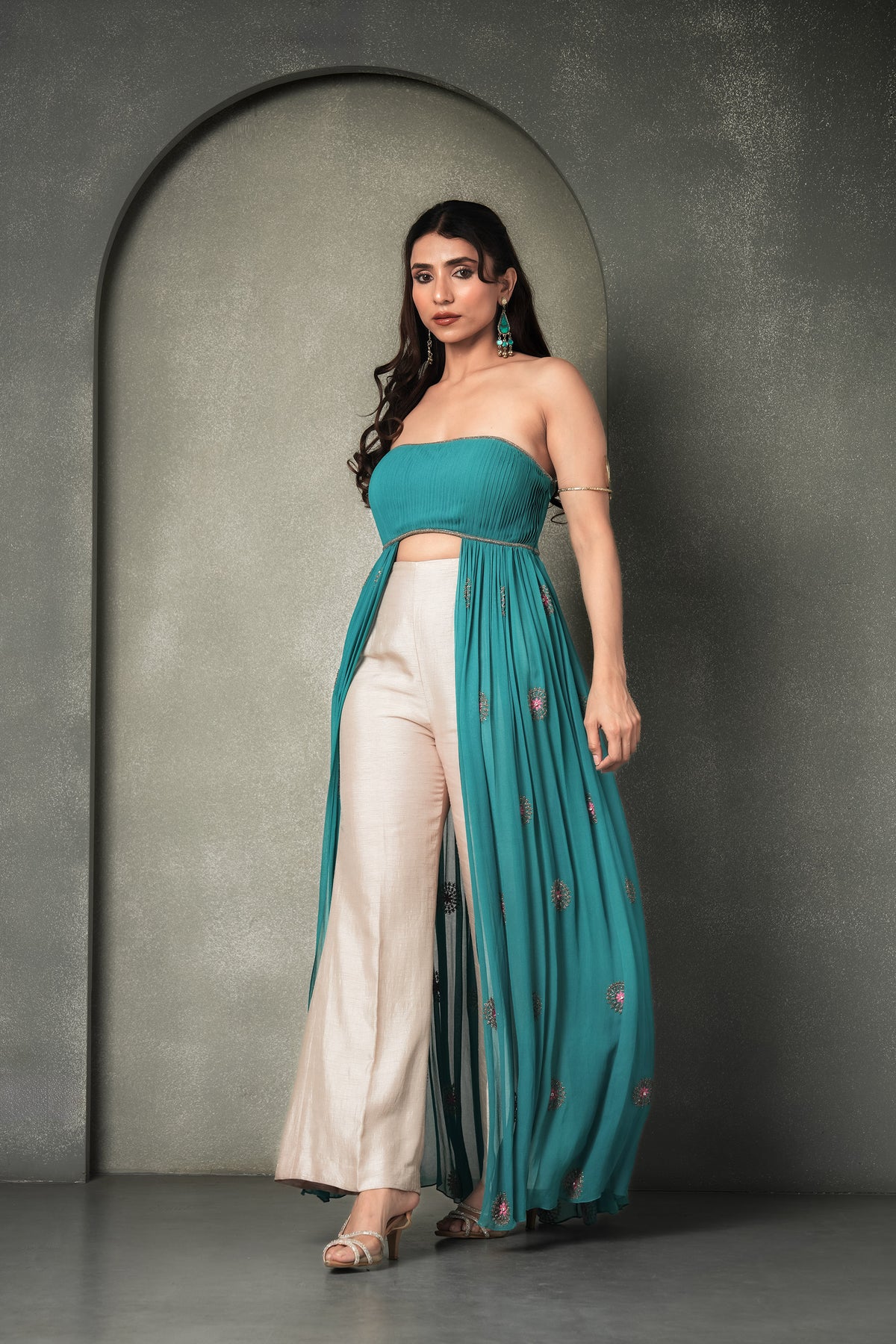 Teal Blue & Cream Laguna Bemberg Georgette Resham Work  Cape with Gharara
