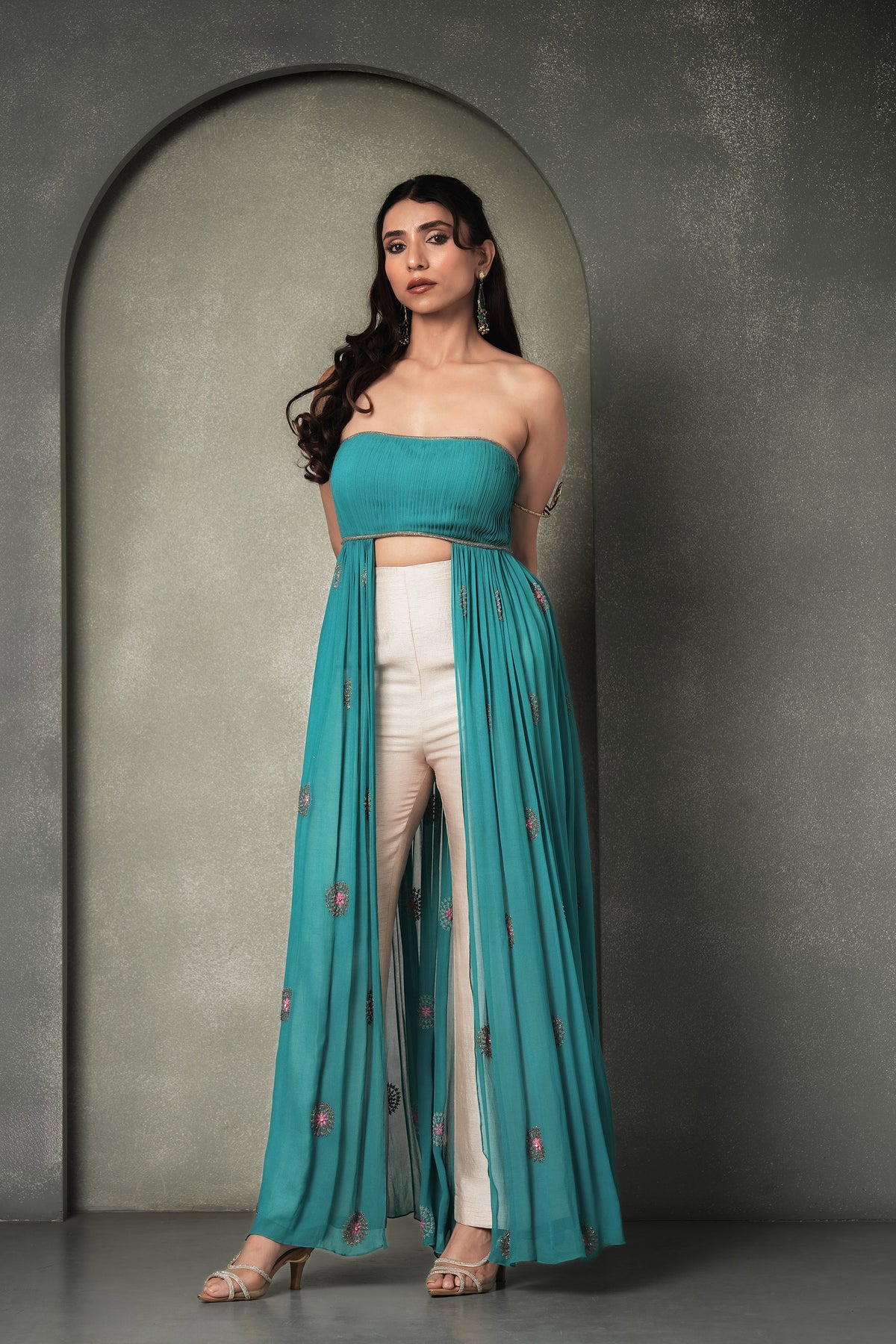 Teal Blue & Cream Laguna Bemberg Georgette Resham Work  Cape with Gharara