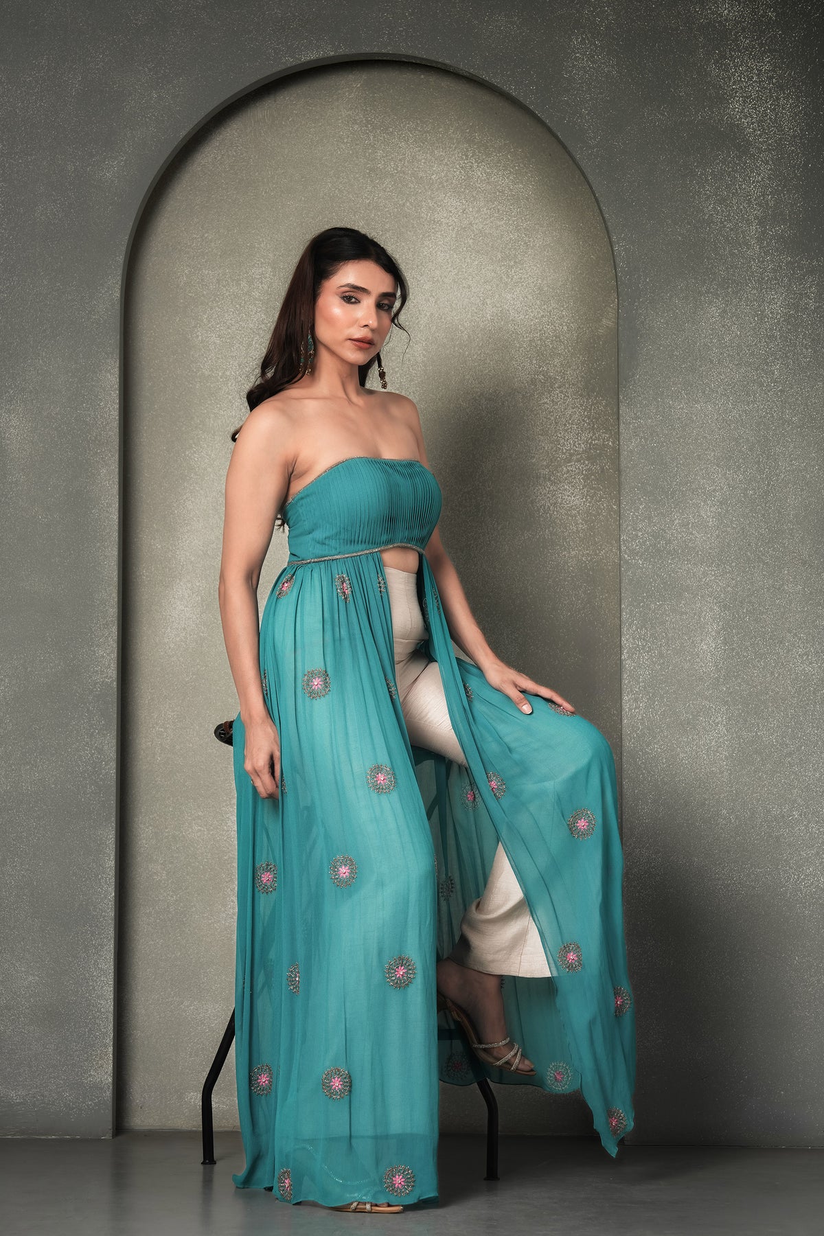 Teal Blue & Cream Laguna Bemberg Georgette Resham Work  Cape with Gharara