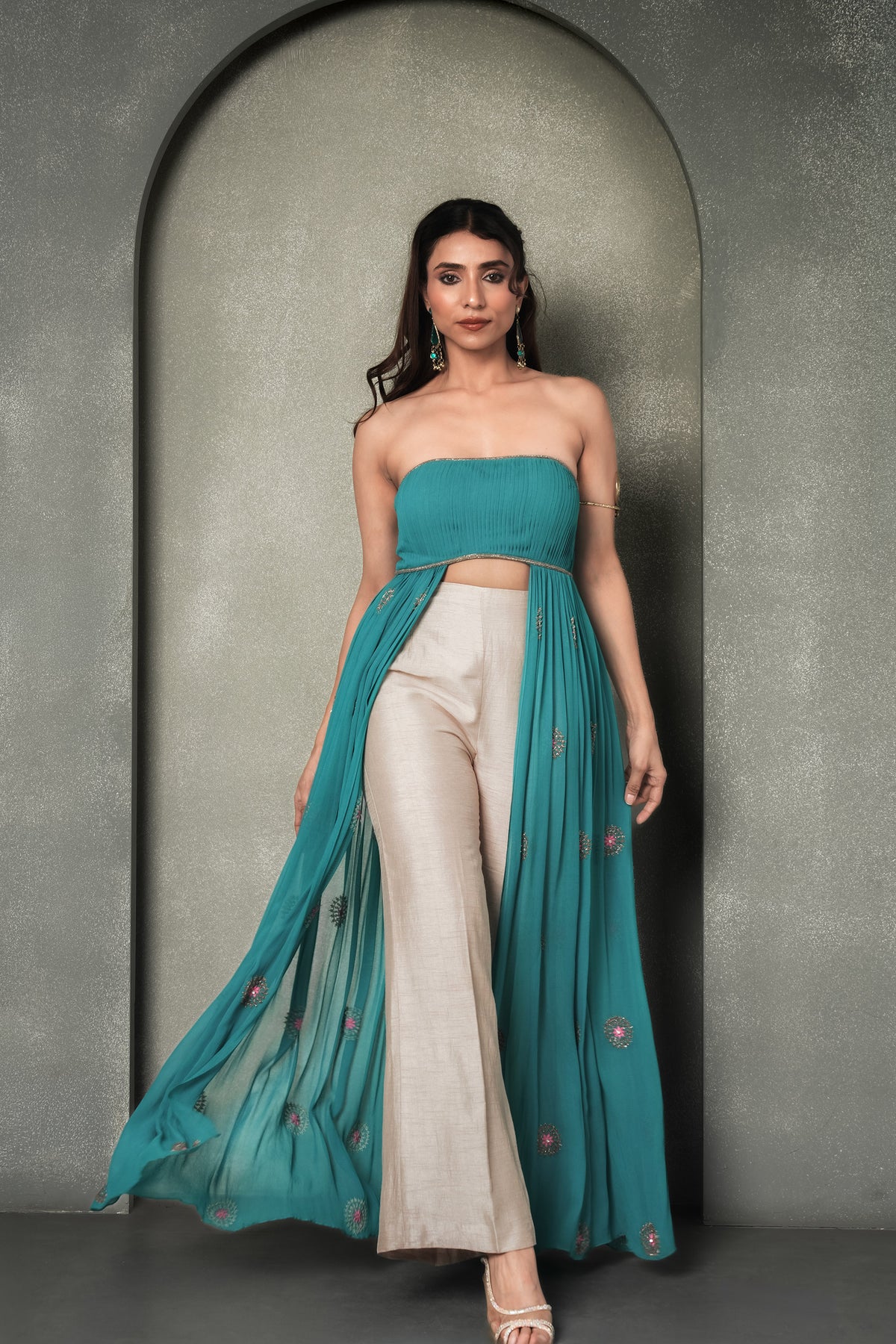 Teal Blue & Cream Laguna Bemberg Georgette Resham Work  Cape with Gharara