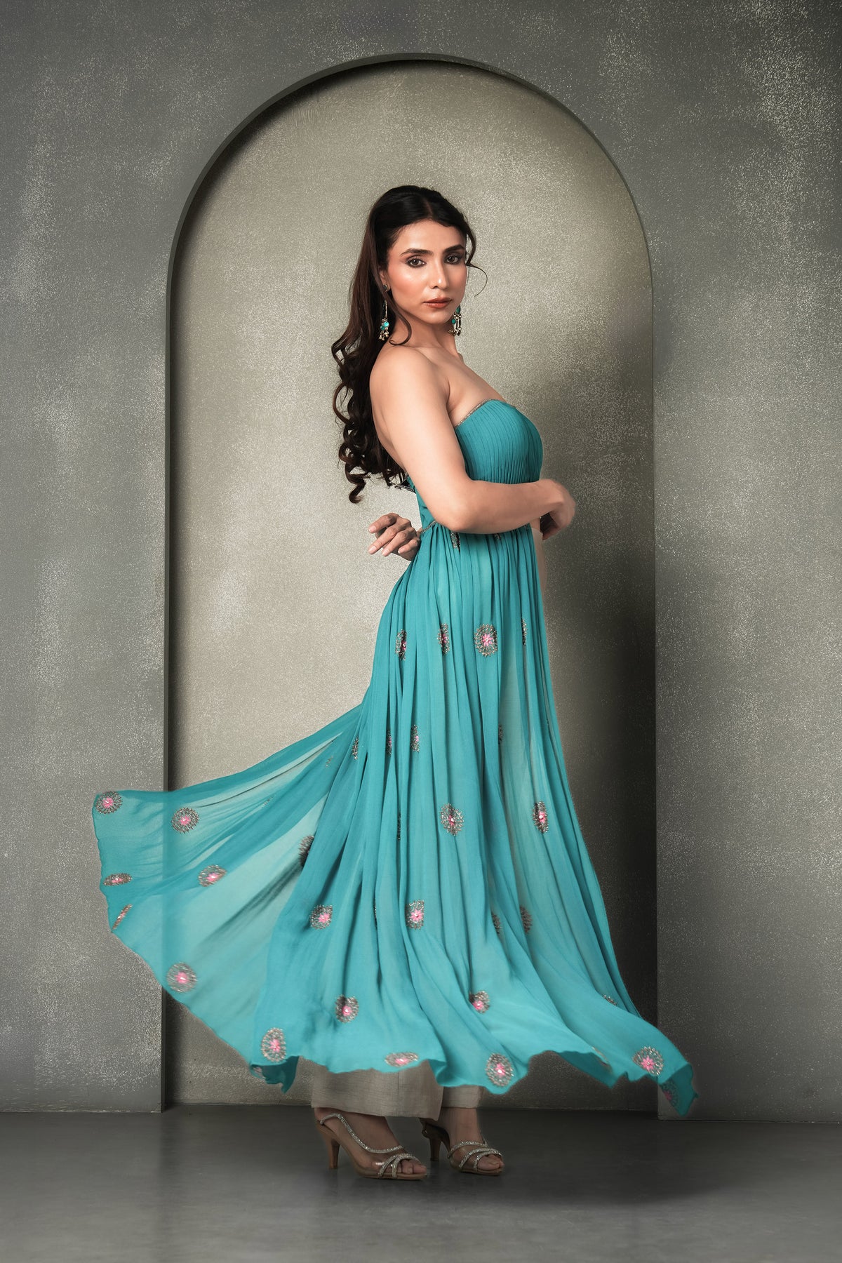 Teal Blue & Cream Laguna Bemberg Georgette Resham Work  Cape with Gharara