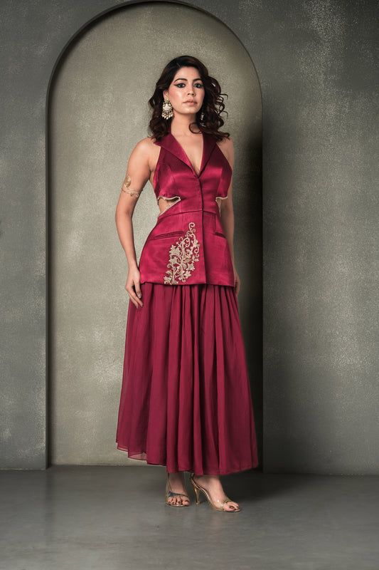 Brass & Bordeaux Deep Wine Dabka & Cutdana work Organza Skirt & Cut-Out Blazer