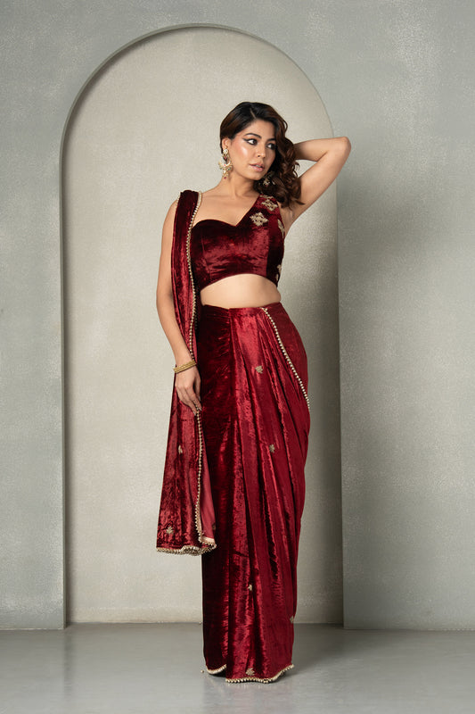 Oxblood Deep Maroon Dabka, Zardosi Work Velvet Sangeet Saree & Blouse
