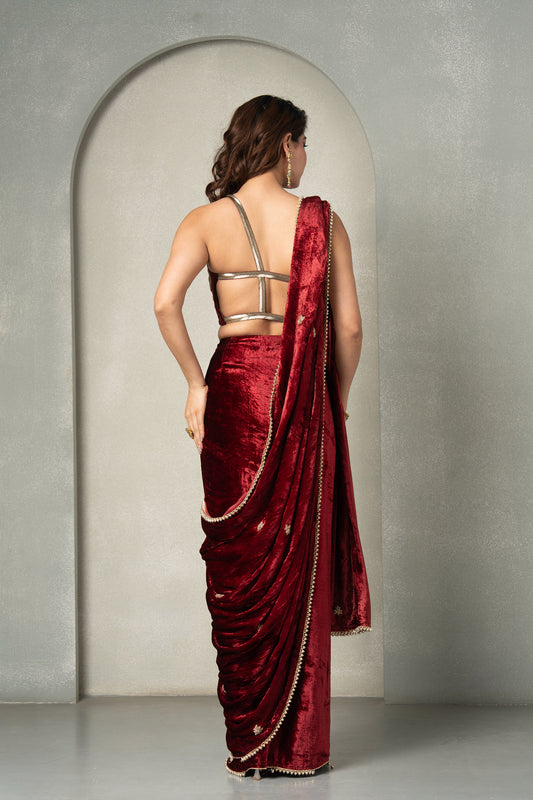 Oxblood Deep Maroon Dabka, Zardosi Work Velvet Sangeet Saree & Blouse