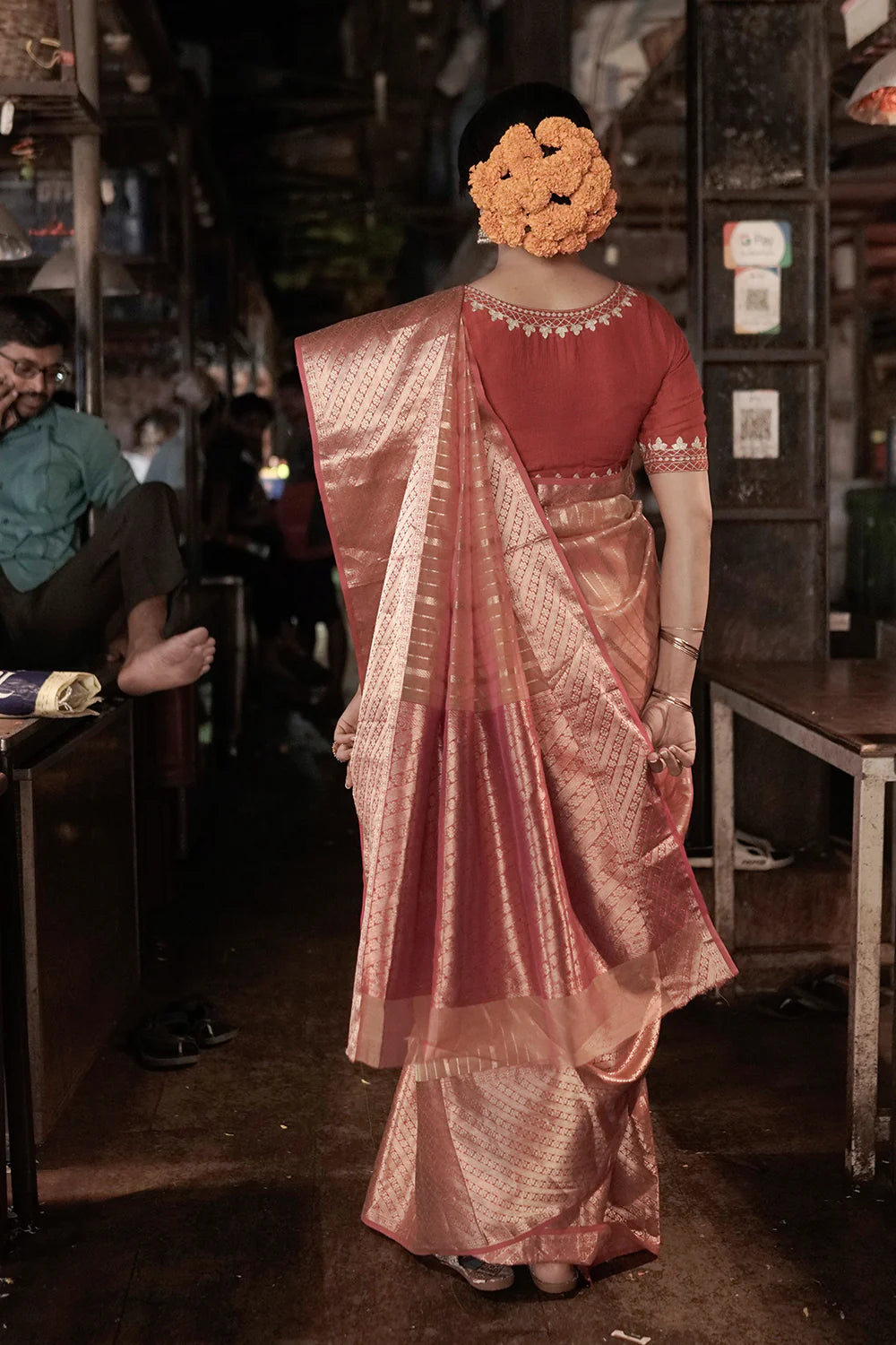 Orange Handloom Chanderi pure Katan silk Saree with broad Gold Zari border