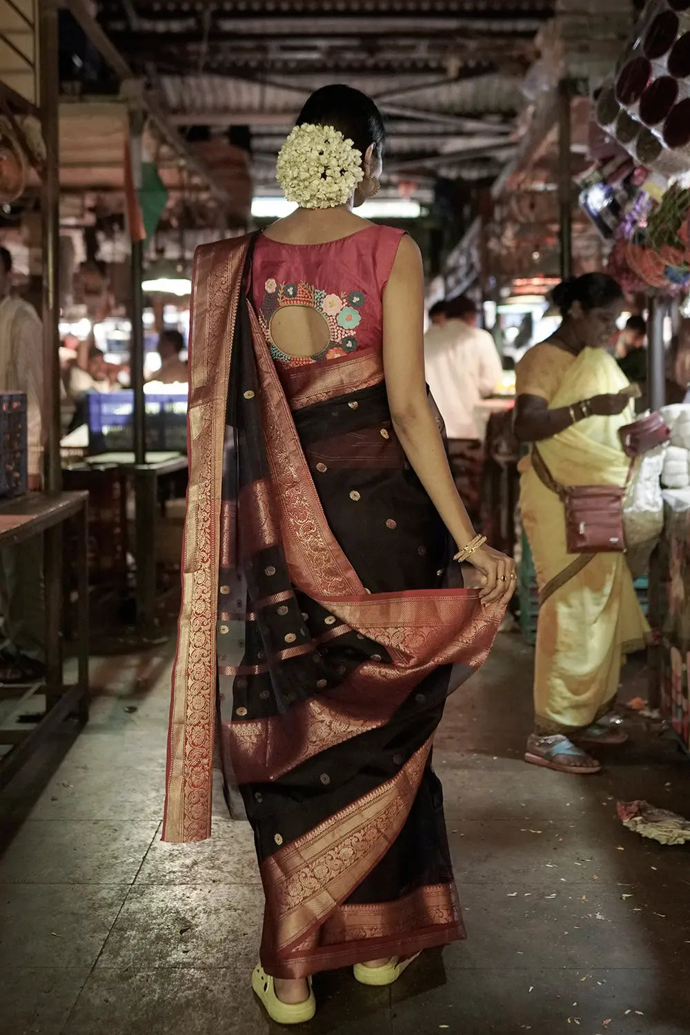 Navy Blue Handloom Chanderi Pure Katan Silk Saree With Hot Pink Border