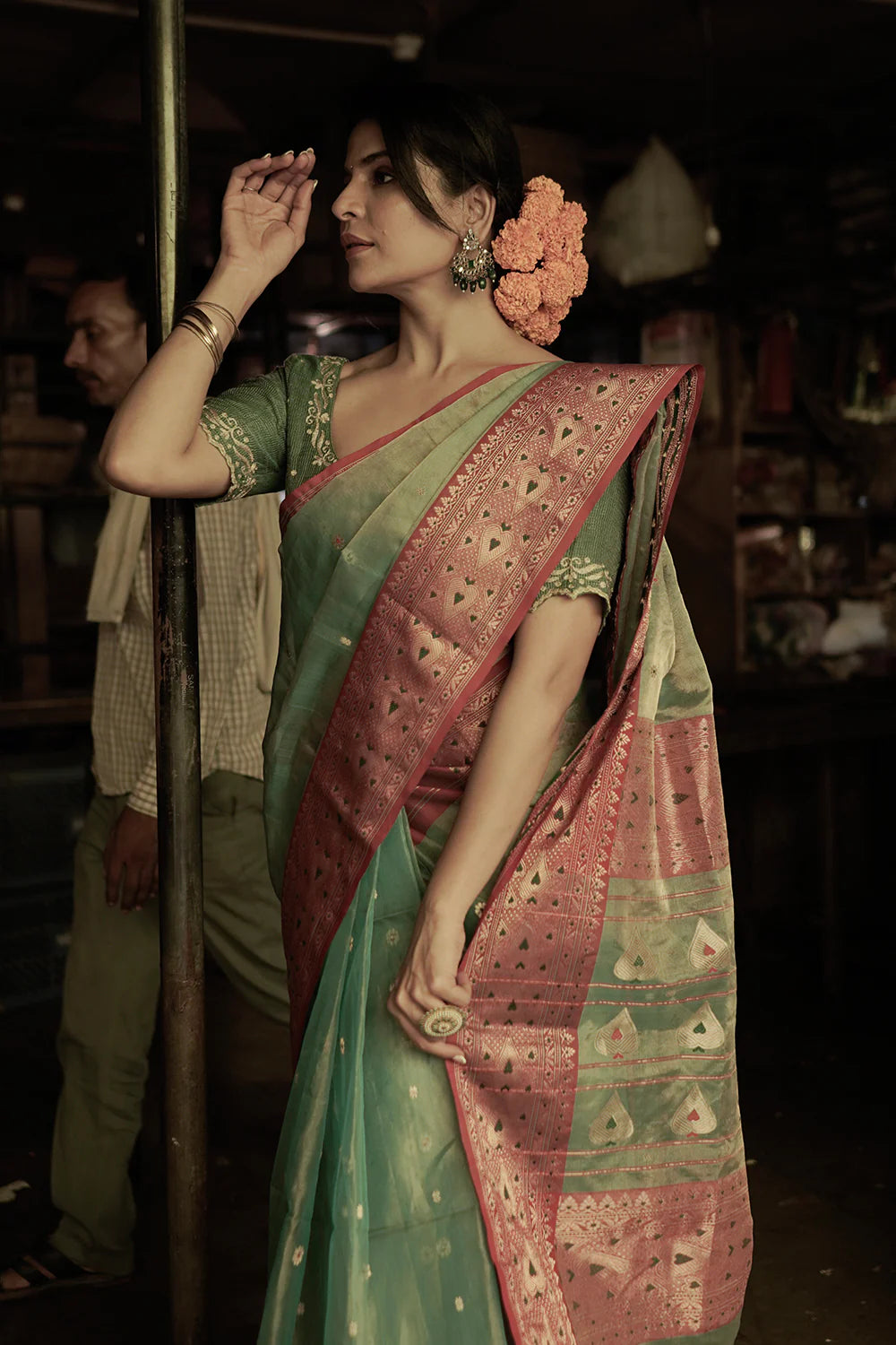 Green Handloom Katan silk Chanderi Saree with Red border & Paan motifs
