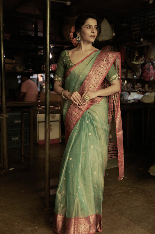 Green Handloom Katan silk Chanderi Saree with Red border & Paan motifs