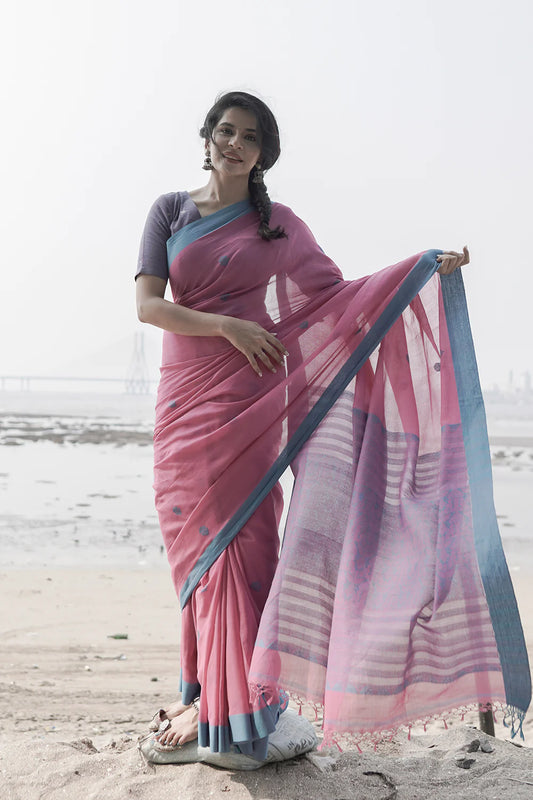 Handloom Rose Pink pure cotton Saree with Blue border