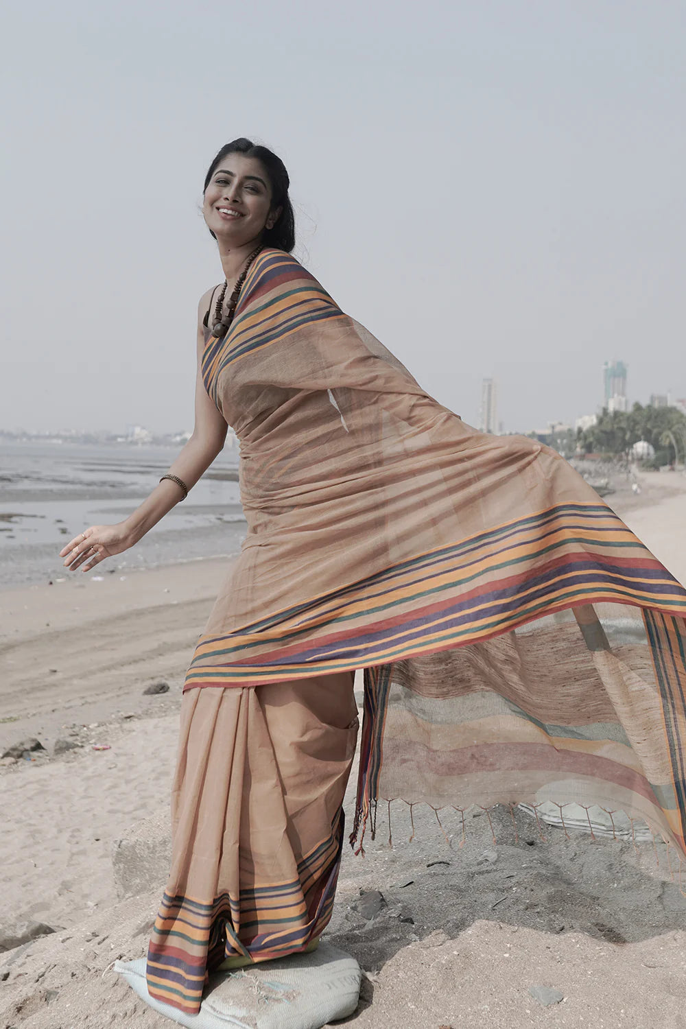 Handloom Beige pure cotton Saree with multi colour border & Jute Pallu