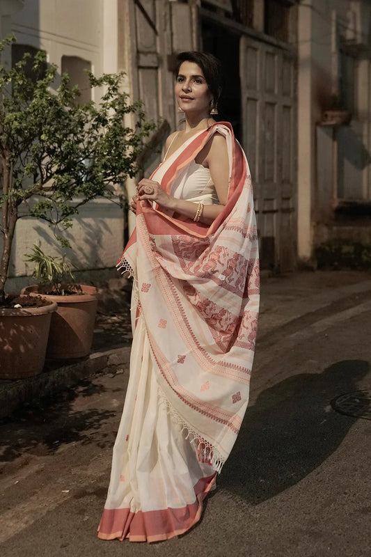 Handloom Cream pure cotton Baluchuri Saree with Red & Orange border