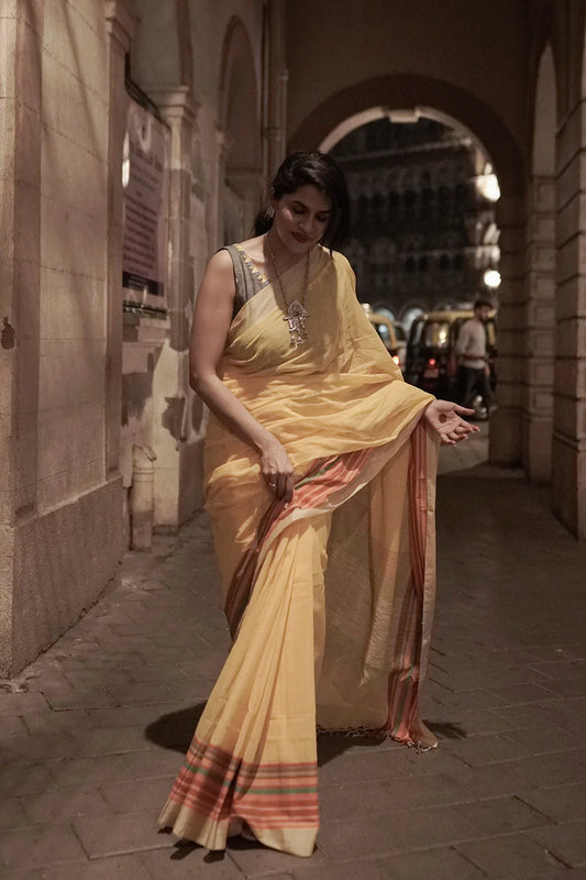 Vivid Yellow Handloom pure cotton Saree with multi colour border & Jute Pallu