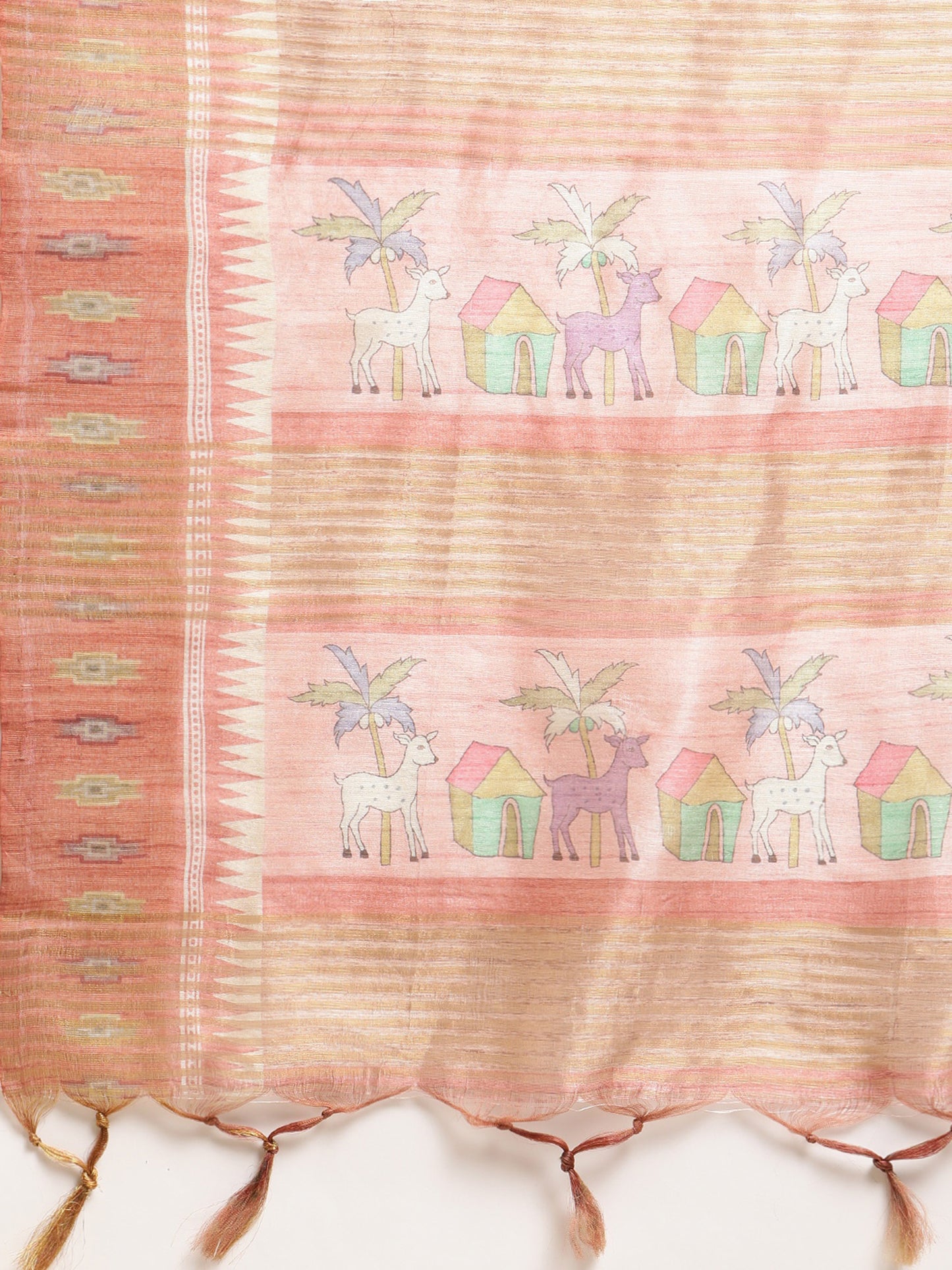 Peach Soft Tussar Silk Printed Kalamkari saree