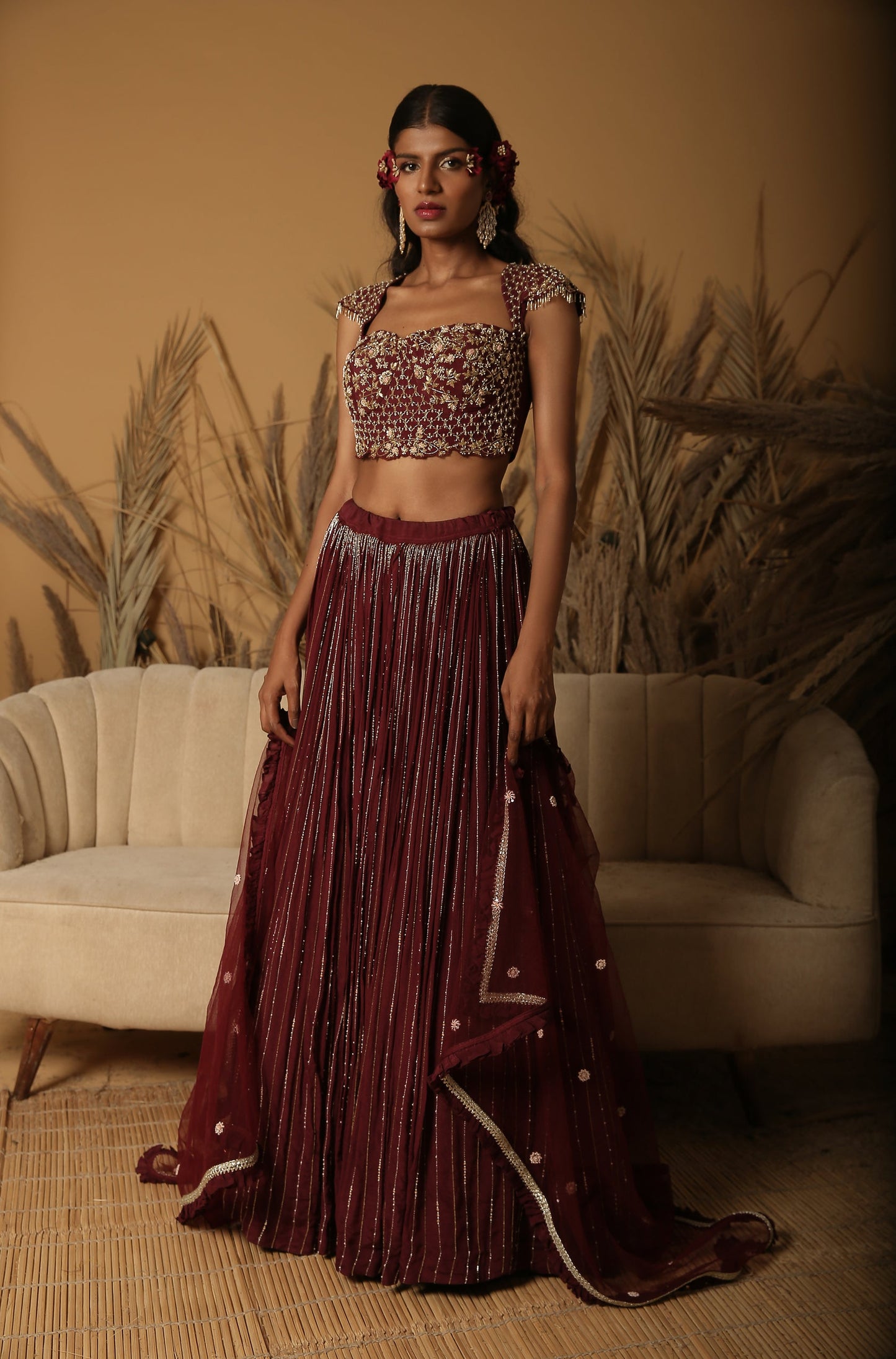 Burgundy Hand Embroidered Lehenga Set
