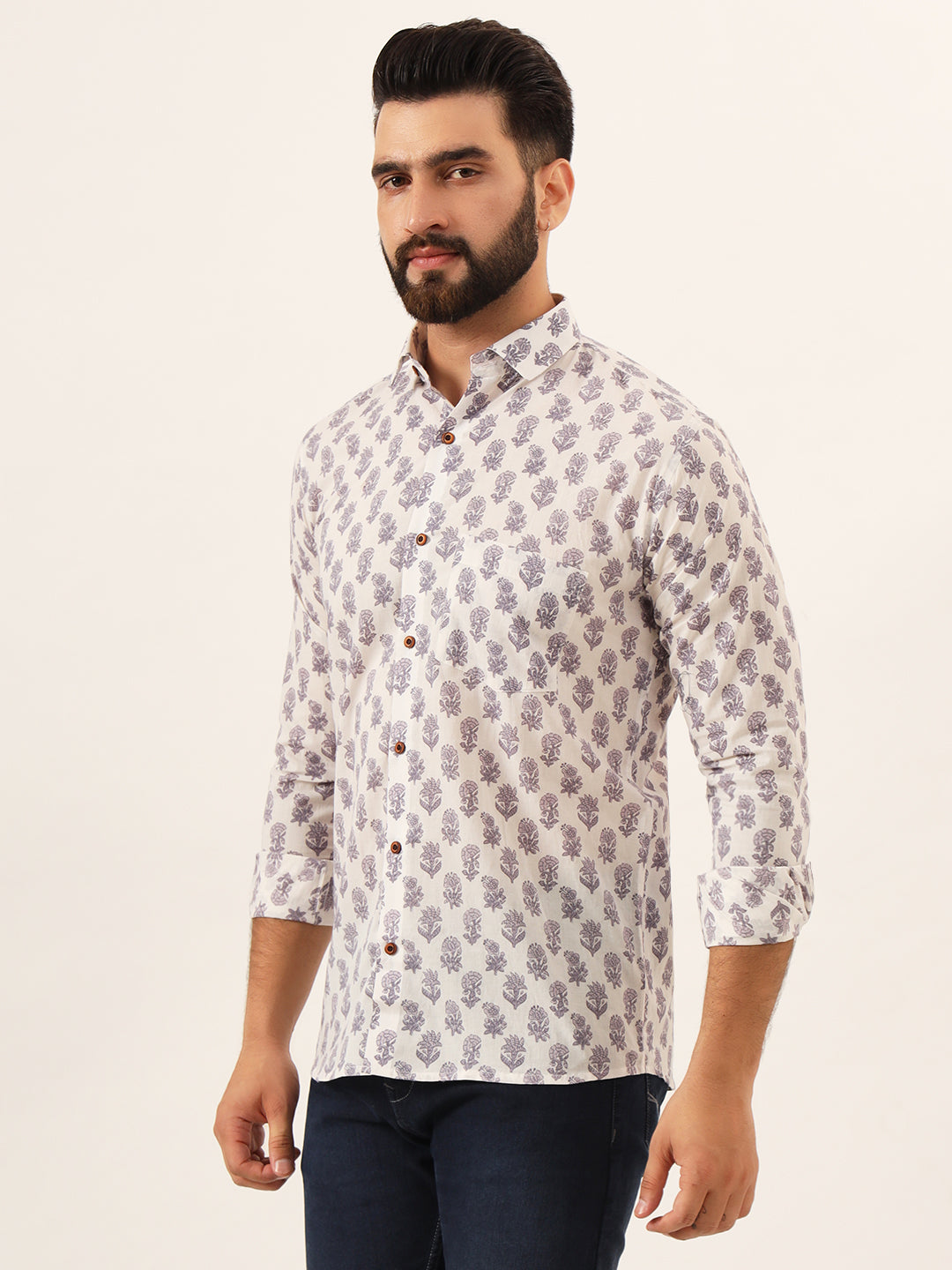 MILLENNIAL MEN White Purple Ethnic Motif Print Pure Cotton Full Sleeve Men Shirt