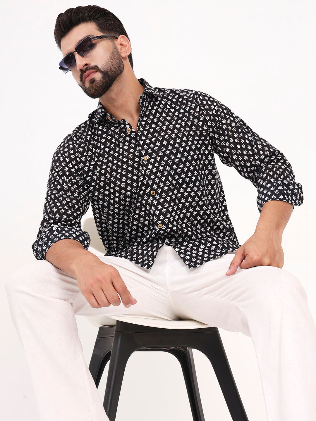 MILLENNIAL MEN Black Floral Printed Full Sleeves Shirt