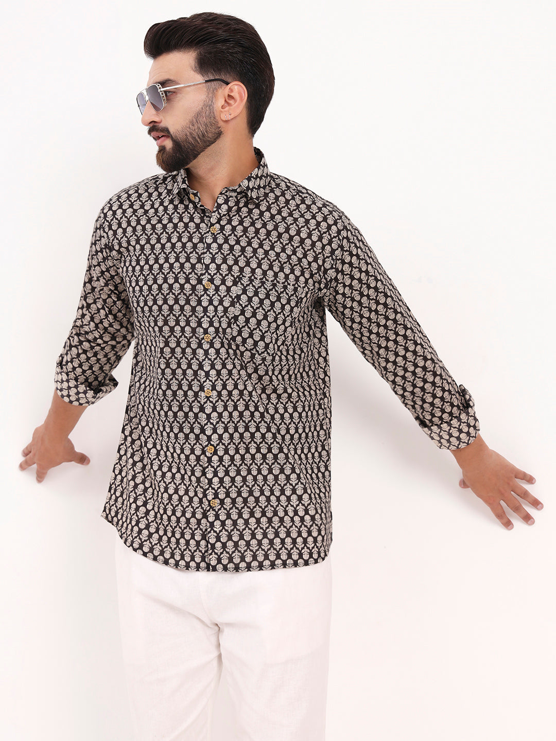 MILLENNIAL MEN Black Floral Printed Full Sleeves Shirt
