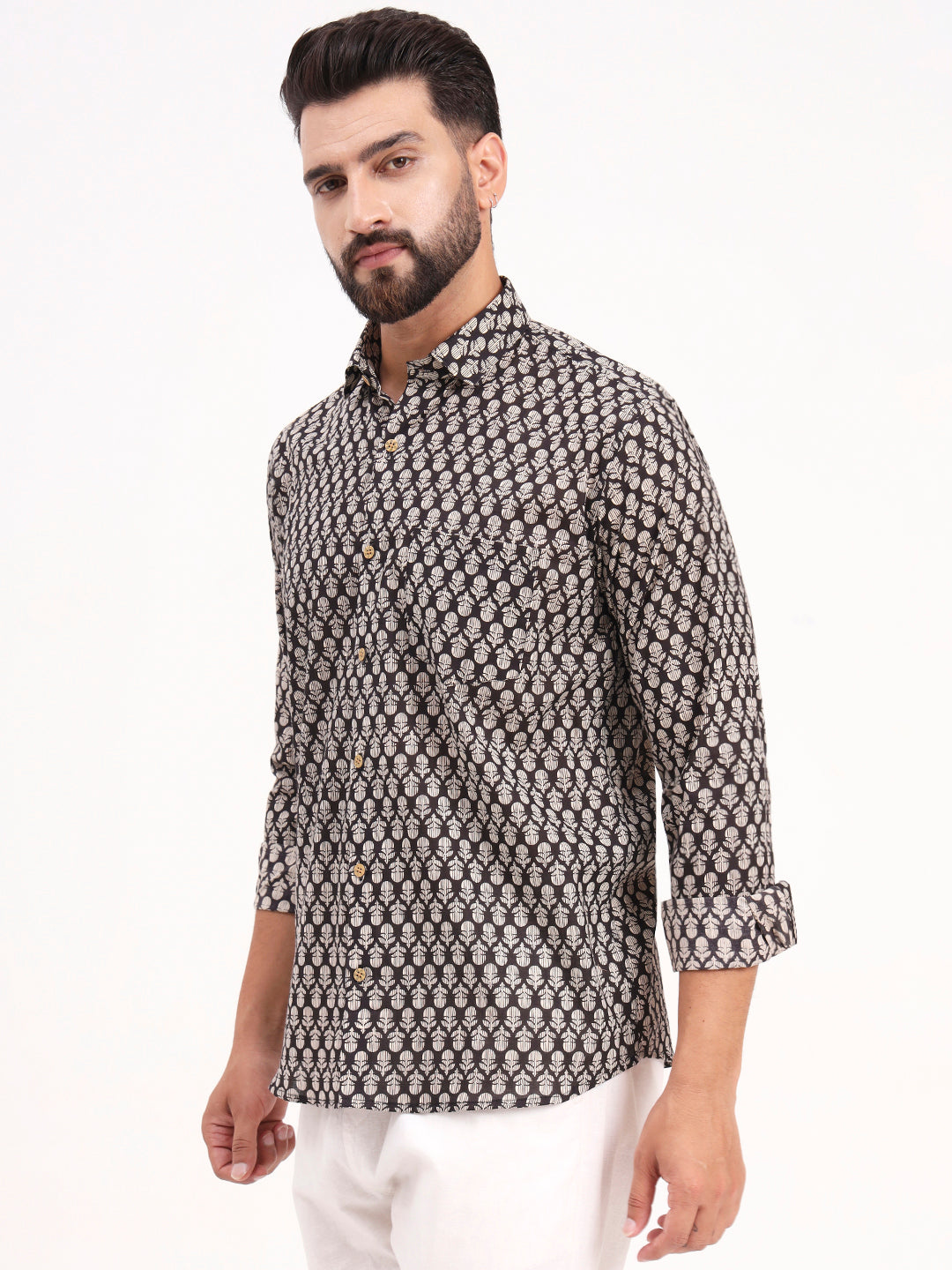 MILLENNIAL MEN Black Floral Printed Full Sleeves Shirt