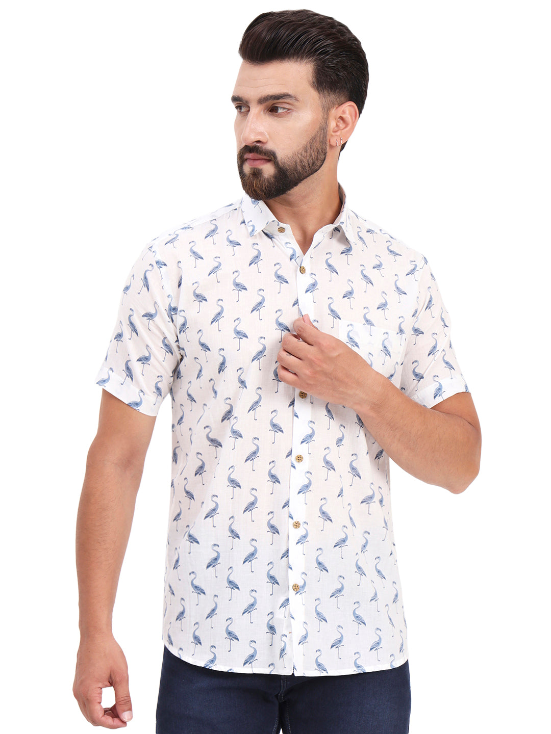 MILLENNIAL MEN White Animal Printed Half Sleeves Shirt