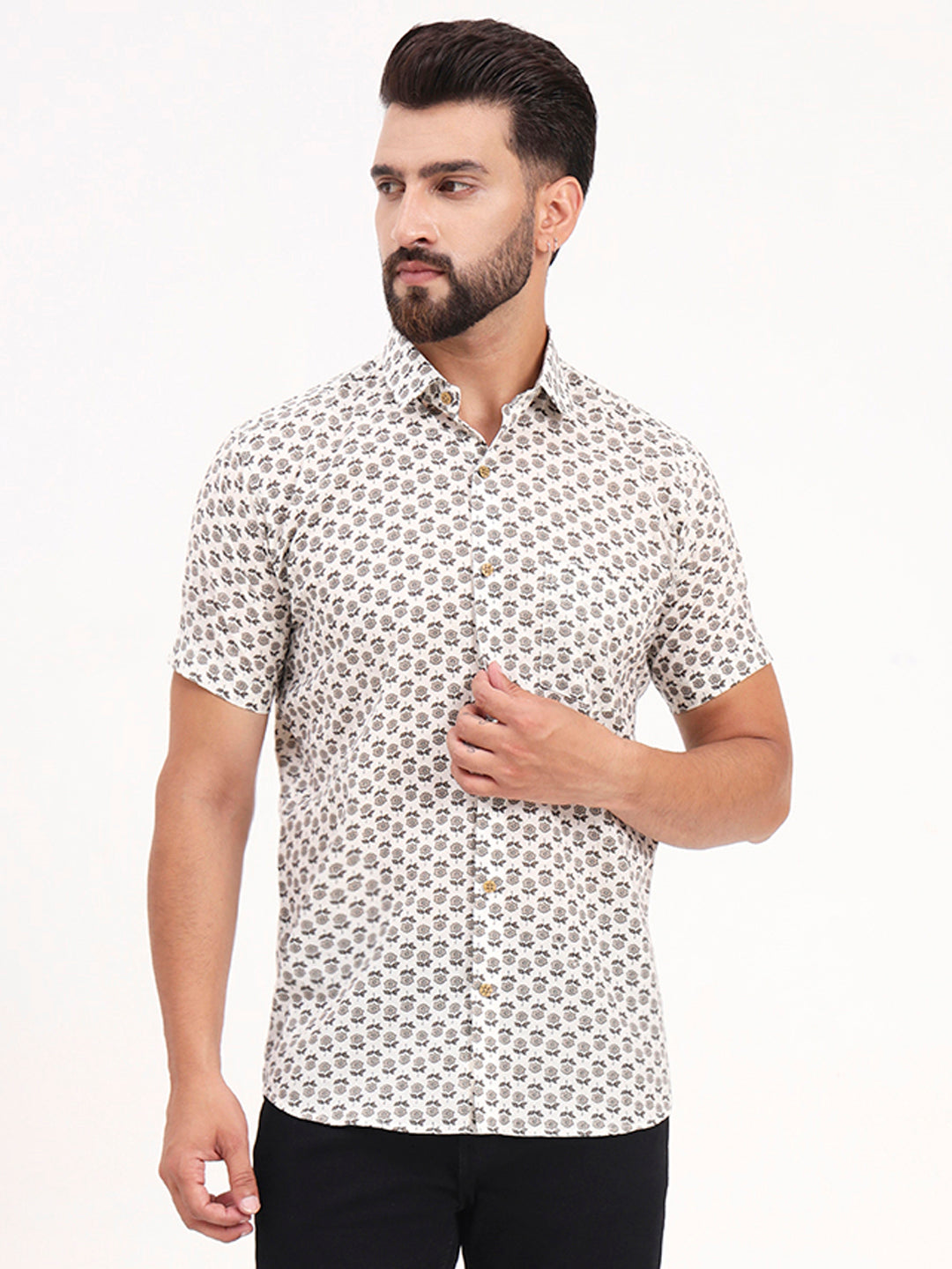 MILLENNIAL MEN White Floral Printed Half Sleeves Shirt