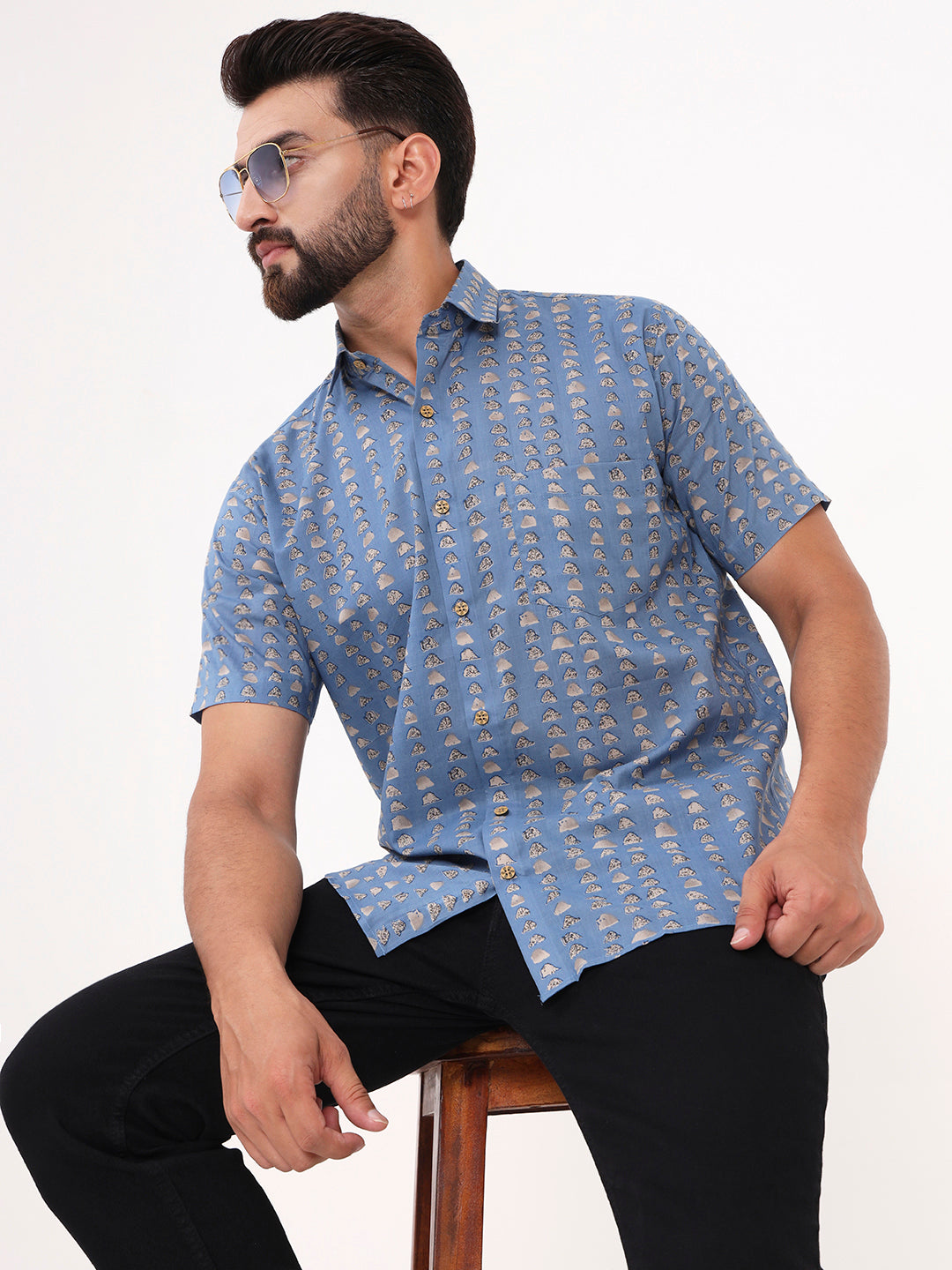 MILLENNIAL MEN Sky Blue Abstract Printed Half Sleeves Shirt