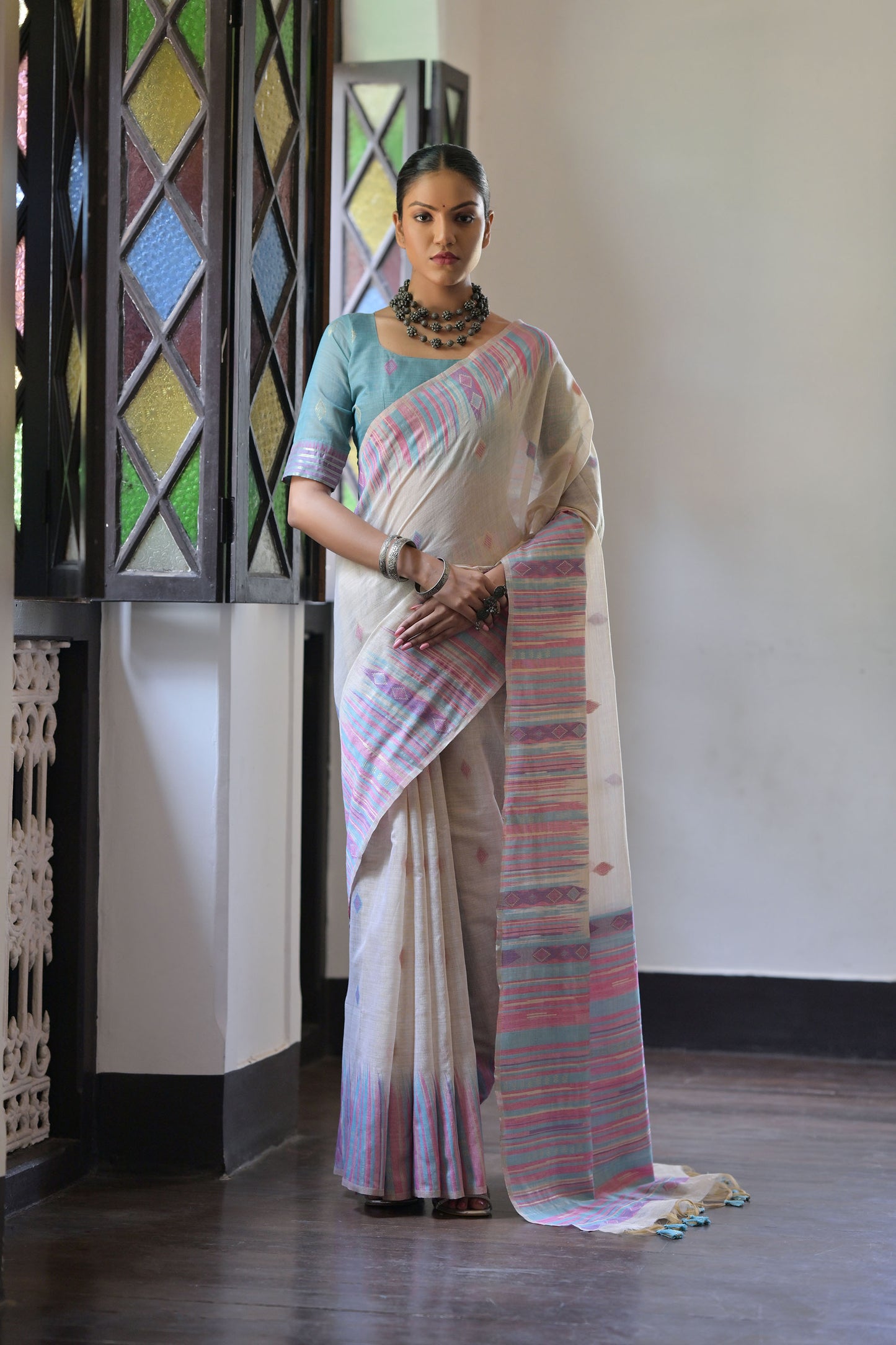 Firozi Muga Cotton Ikkat Saree