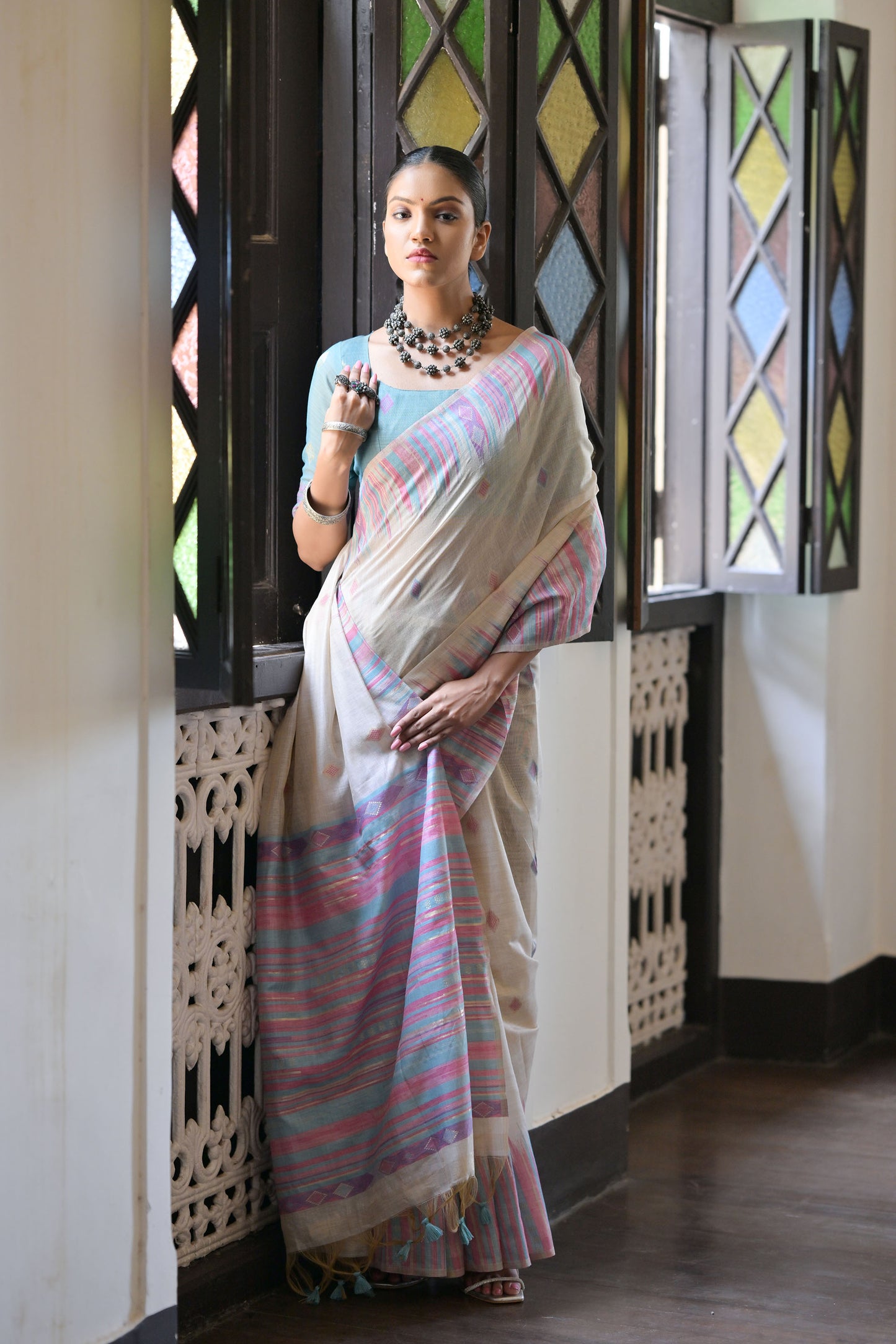 Firozi Muga Cotton Ikkat Saree