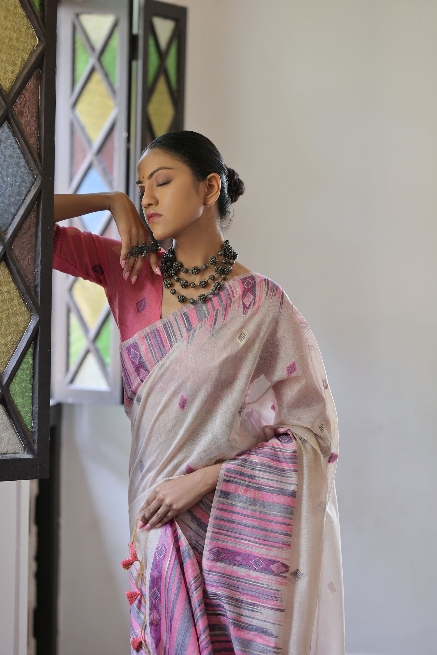 Pink Muga Cotton Ikkat Saree