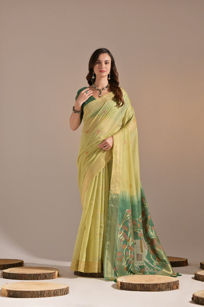 Pista Muga Cotton Cow Design Woven saree