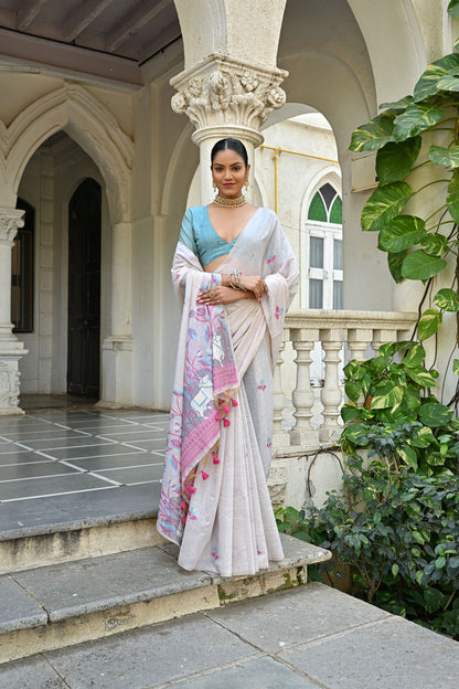 Pink Muga Cotton Pichwai pattern meenakari butti weave Saree