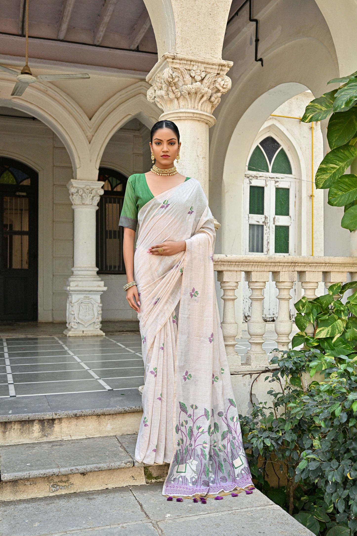 Wine Muga Cotton Pichwai pattern meenakari butti weave Saree