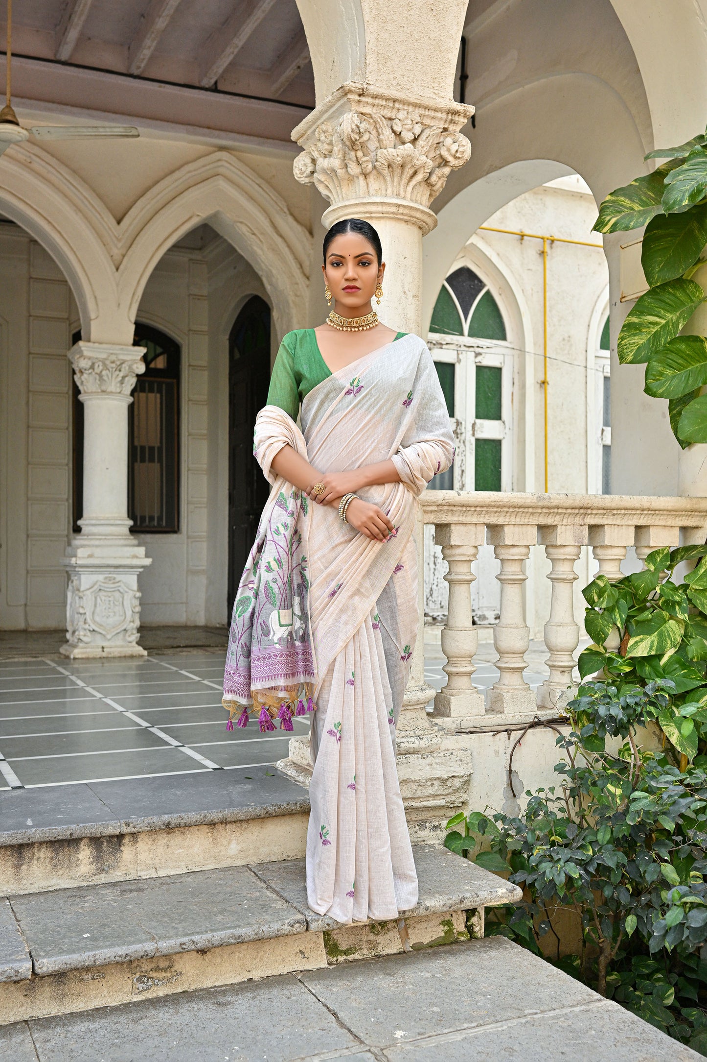 Wine Muga Cotton Pichwai pattern meenakari butti weave Saree