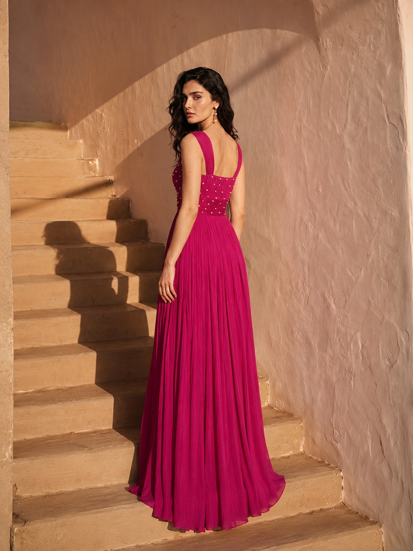 Pearl Embellished Magenta Pink Chinon Party Wear Pleated Gown
