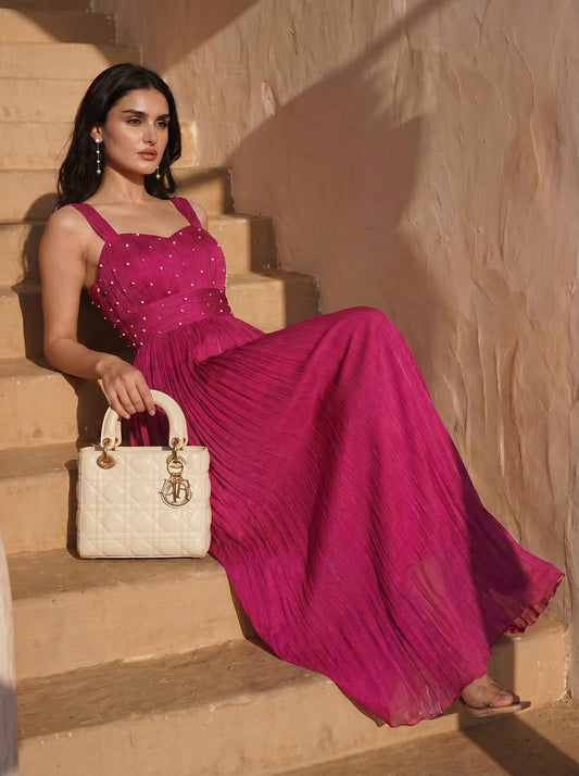Pearl Embellished Magenta Pink Chinon Party Wear Pleated Gown