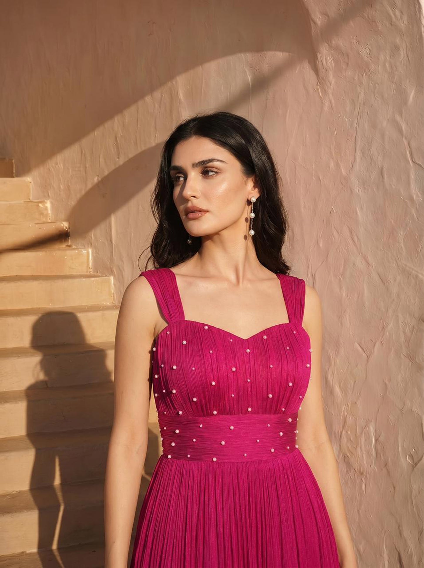 Pearl Embellished Magenta Pink Chinon Party Wear Pleated Gown