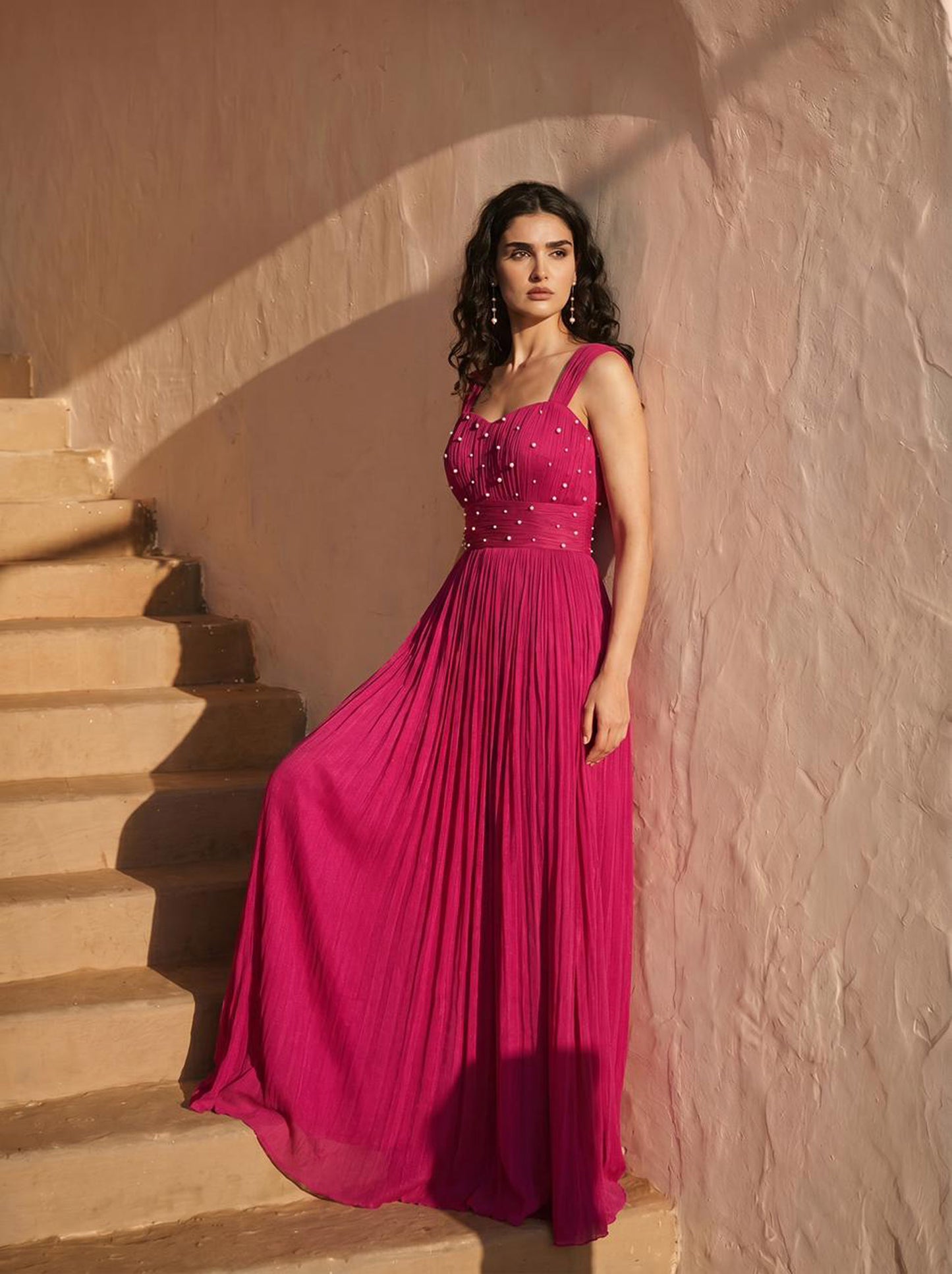 Pearl Embellished Magenta Pink Chinon Party Wear Pleated Gown