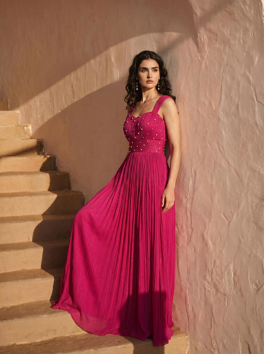 Pearl Embellished Magenta Pink Chinon Party Wear Pleated Gown