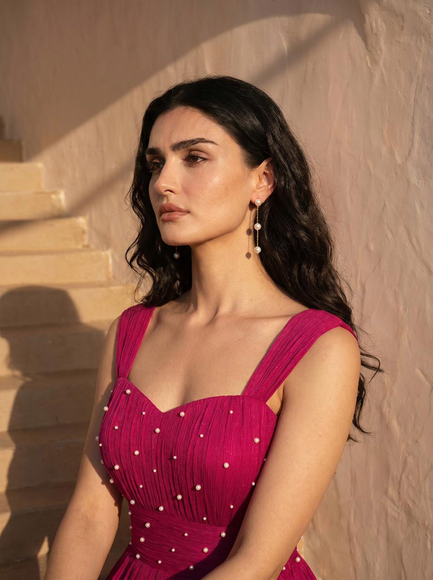 Pearl Embellished Magenta Pink Chinon Party Wear Pleated Gown