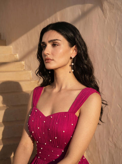 Pearl Embellished Magenta Pink Chinon Party Wear Pleated Gown