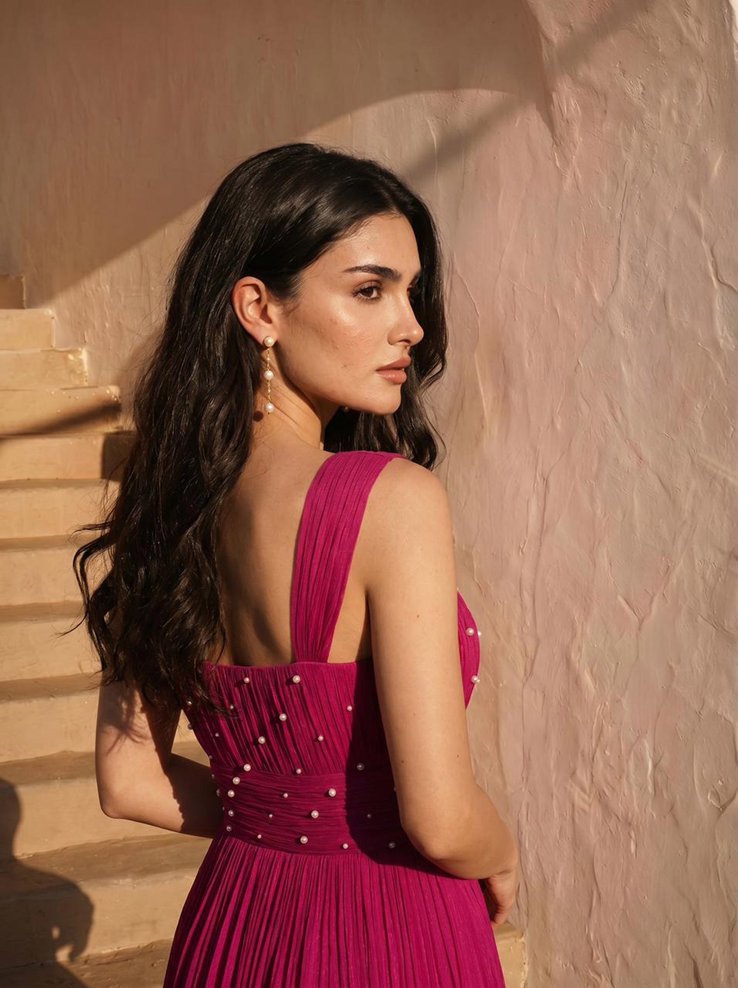 Pearl Embellished Magenta Pink Chinon Party Wear Pleated Gown
