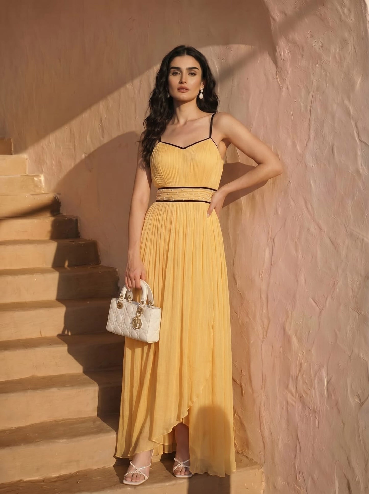 Celeste Marigold Chinon Pearl Hand Work Party Wear  Pleated Maxi Dress