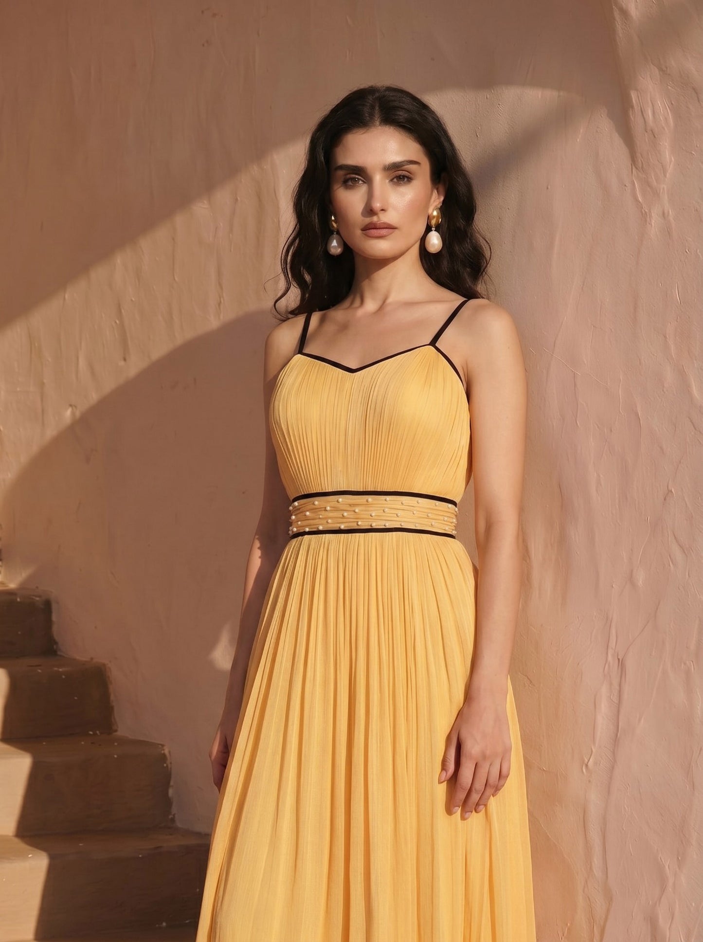Celeste Marigold Chinon Pearl Hand Work Party Wear  Pleated Maxi Dress