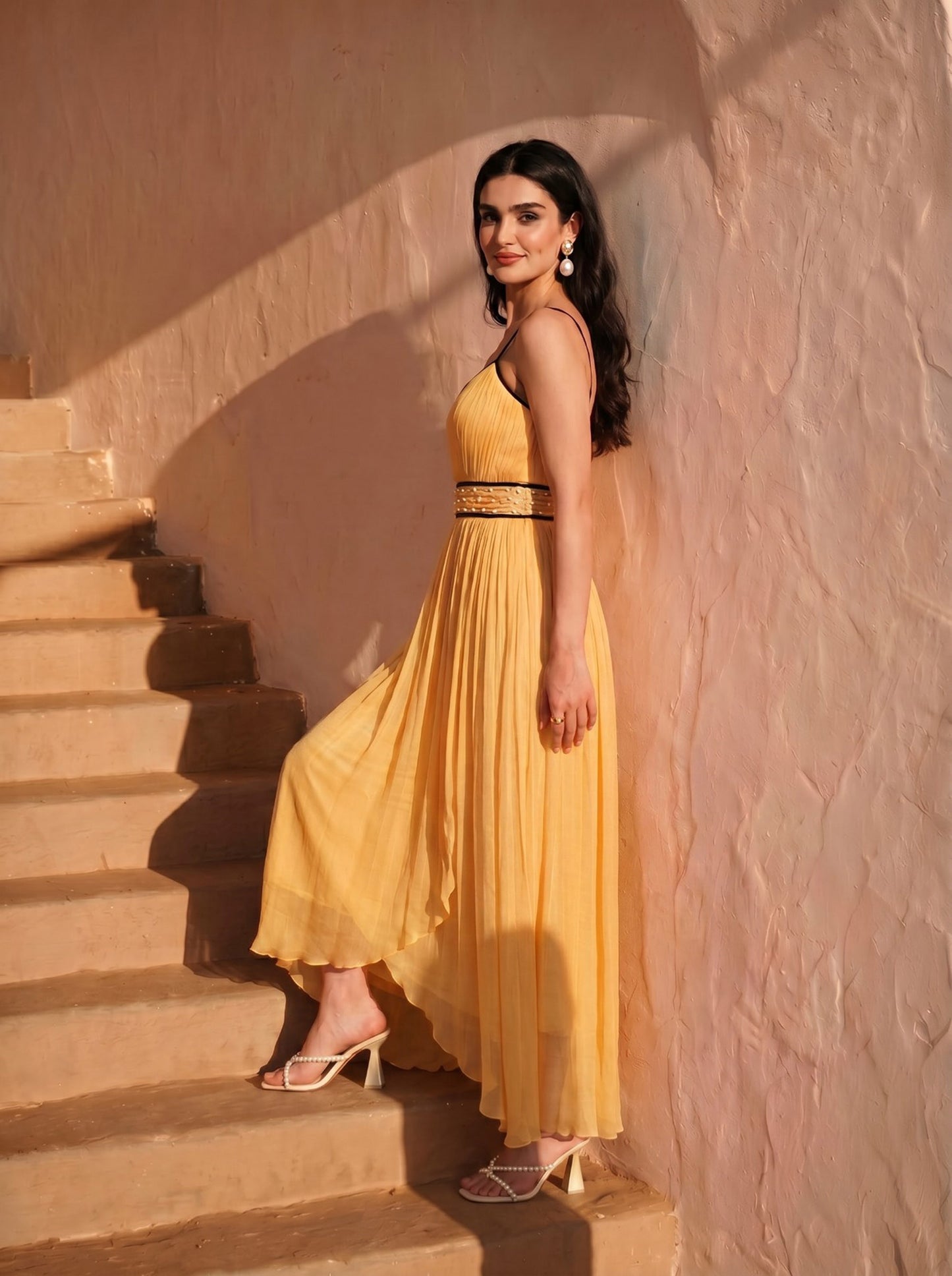 Celeste Marigold Chinon Pearl Hand Work Party Wear  Pleated Maxi Dress